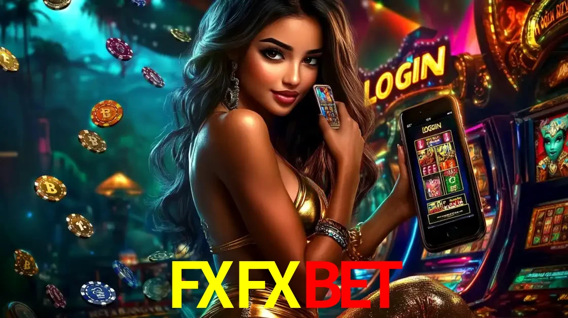 Mulher em um cenário de cassino temático de aventura, mostrando o app de caça-níqueis da FXFXBET no celular. Fichas de apostas flutuam ao redor.