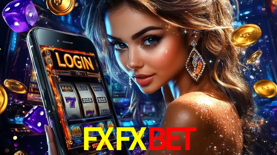Mulher glamorosa segurando um smartphone com a tela de login para os jogos de caça-níqueis do cassino online FXFXBET, com moedas de ouro e dados ao redor.