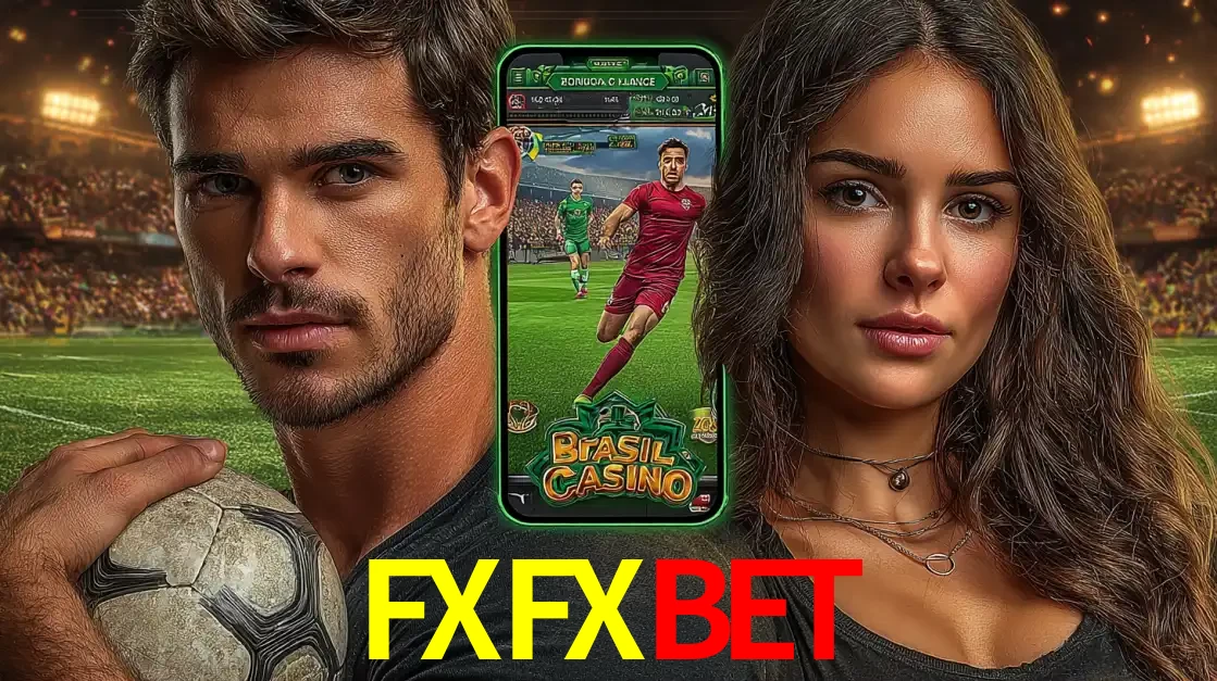 Homem segurando uma bola de futebol e uma mulher ao lado de um smartphone exibindo o jogo de apostas esportivas da FXFXBET. Faça seu palpite no cassino online.